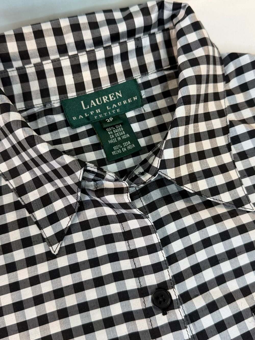 Ralph Lauren Petite 100% Silk Black and White Gingham Button-Down Shirt - Picture 2 of 6